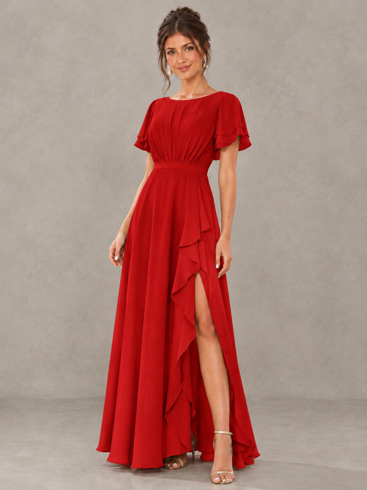 BOLODOO Red Flutter Sleeve Ruffle Bridesmaid Dress with Slit - Red - Red (4)