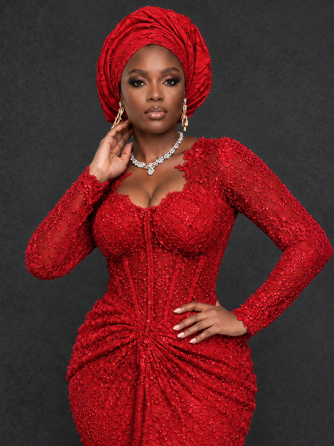BOLODOO Red Beaded Lace Long Sleeve Mermaid Gown Sweetheart | Mother of the Bride - Red
