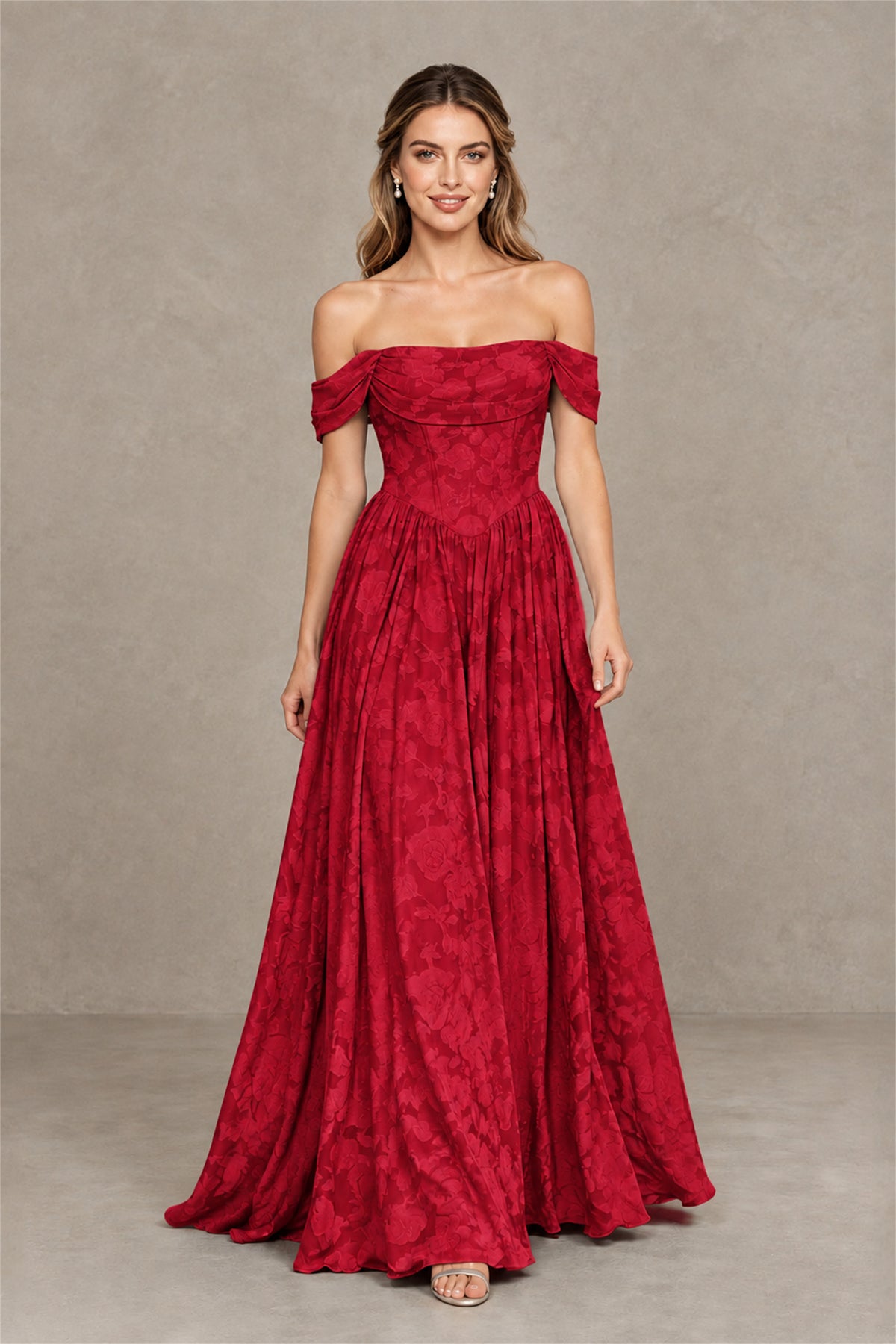 BOLODOO Red Off-Shoulder Floral A-Line Maxi Dress - Red