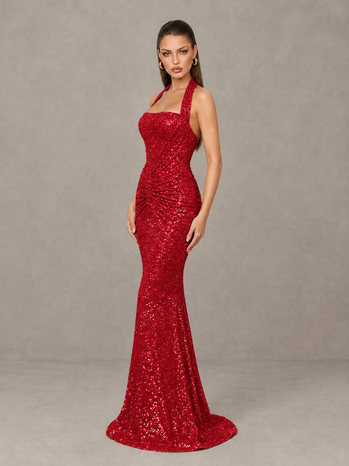 BOLODOO Red Sequin Halter Mermaid Evening Gown - Red - Red (4)