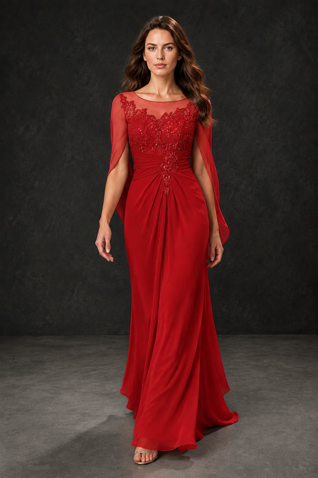 BOLODOO Red Illusion Lace One-Side Cape Sleeve Beaded Chiffon Floor Length Gown | Mother of the Bride Evening Dress - Red