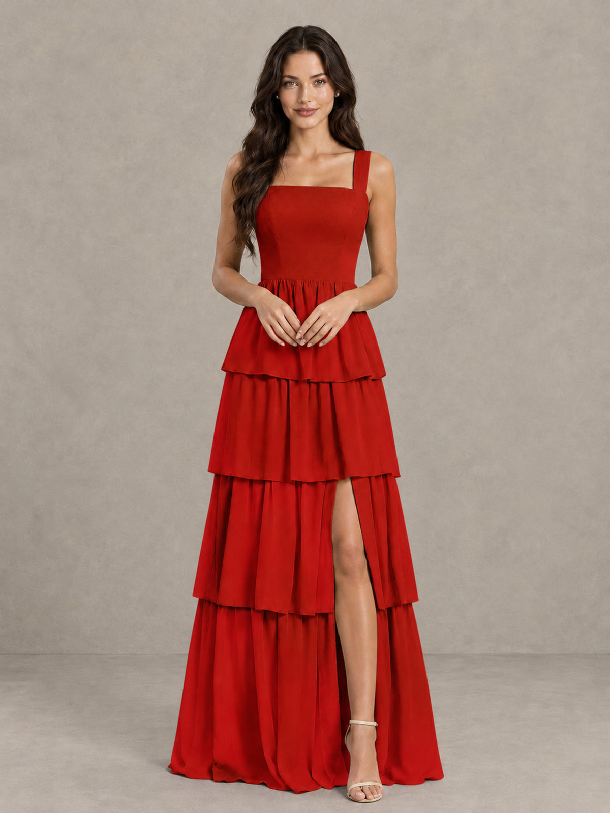 BOLODOO Red Square Neck Tiered Bridesmaid Dress with Slit - Red - Red (4)
