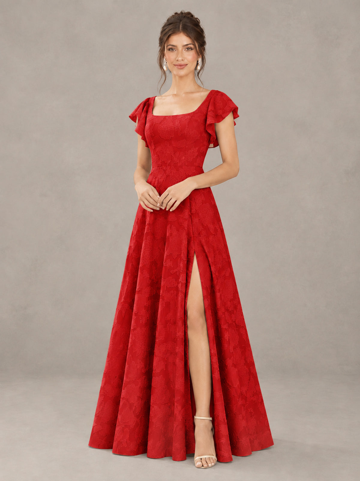 BOLODOO Red Floral Flutter Sleeve Bridesmaid Dress with Slit - Red - Red (4)