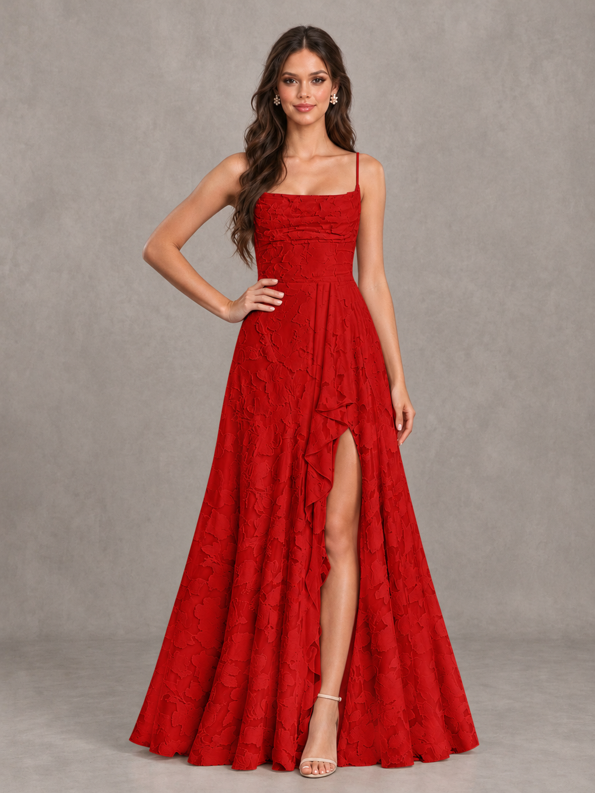 BOLODOO Red Floral Appliqué Slit Maxi Dress - Red - Red (4)
