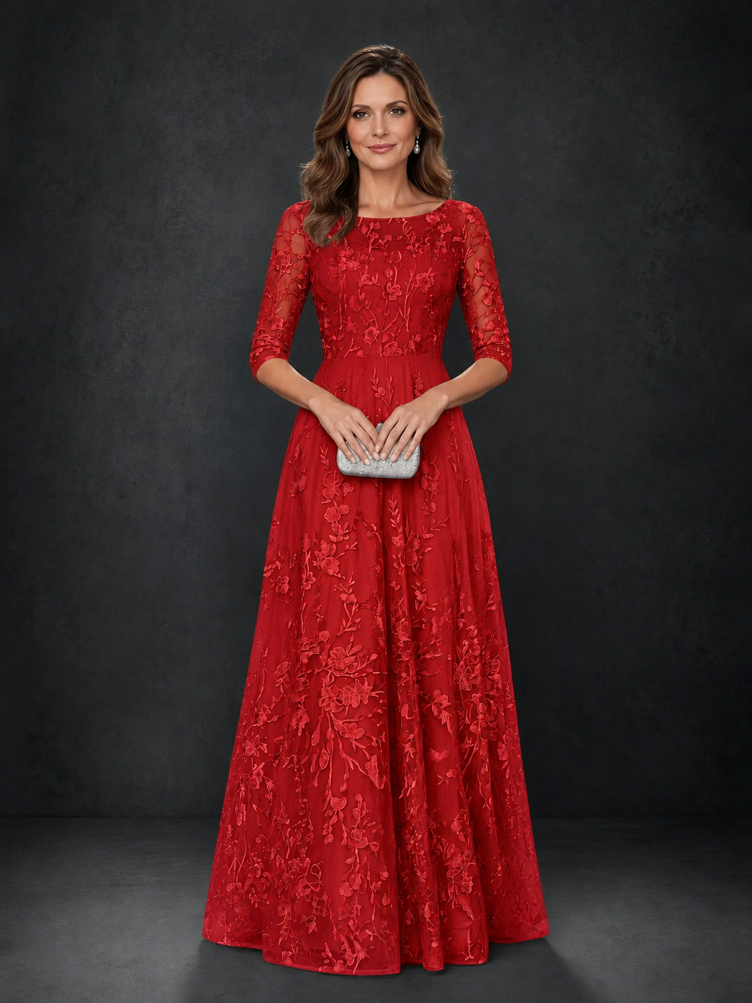 BOLODOO Red Illusion Bateau Neck 3/4 Sleeve Floral Lace A-Line Mother of the Bride Dress MX007 - Red
