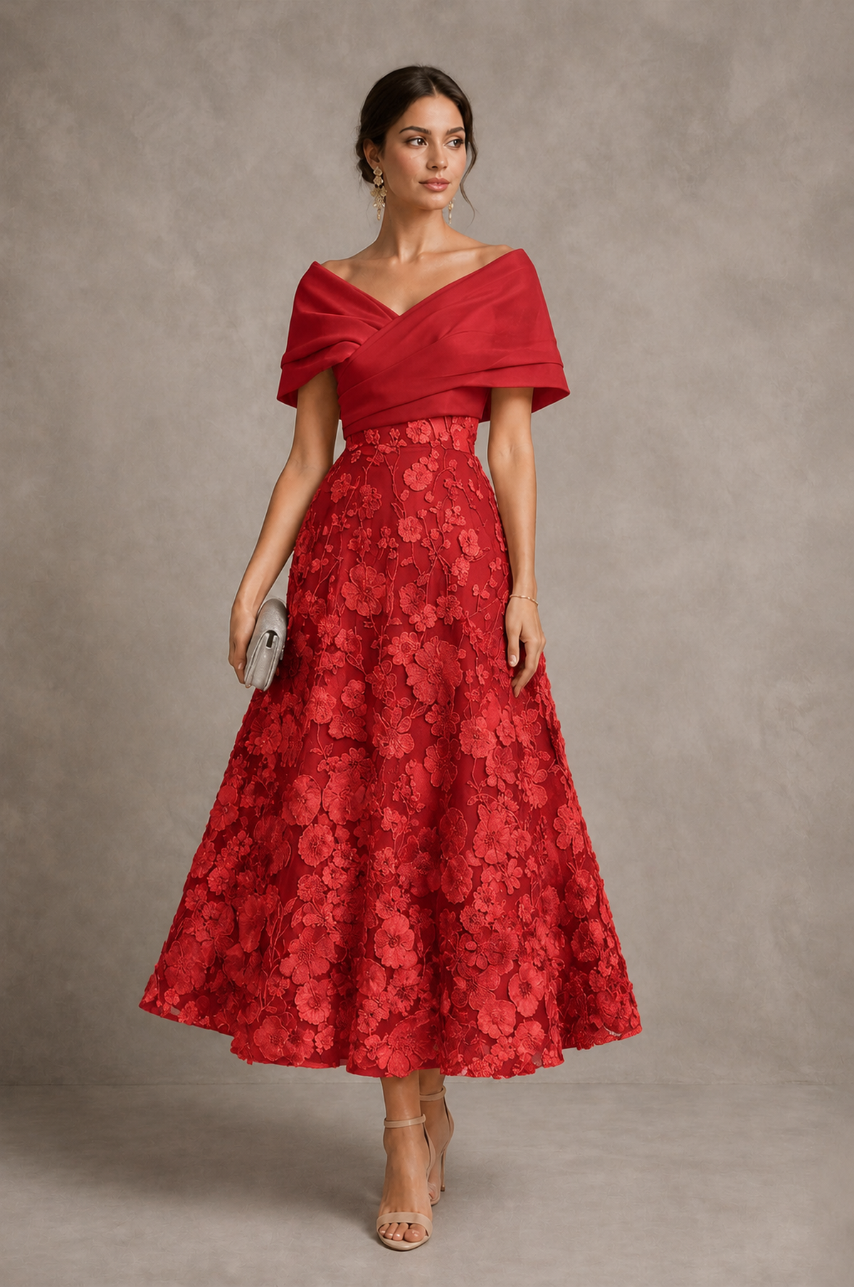 Red Off-Shoulder Satin & 3D Floral Embroidered Tulle Tea Length A-Line Dress - Red