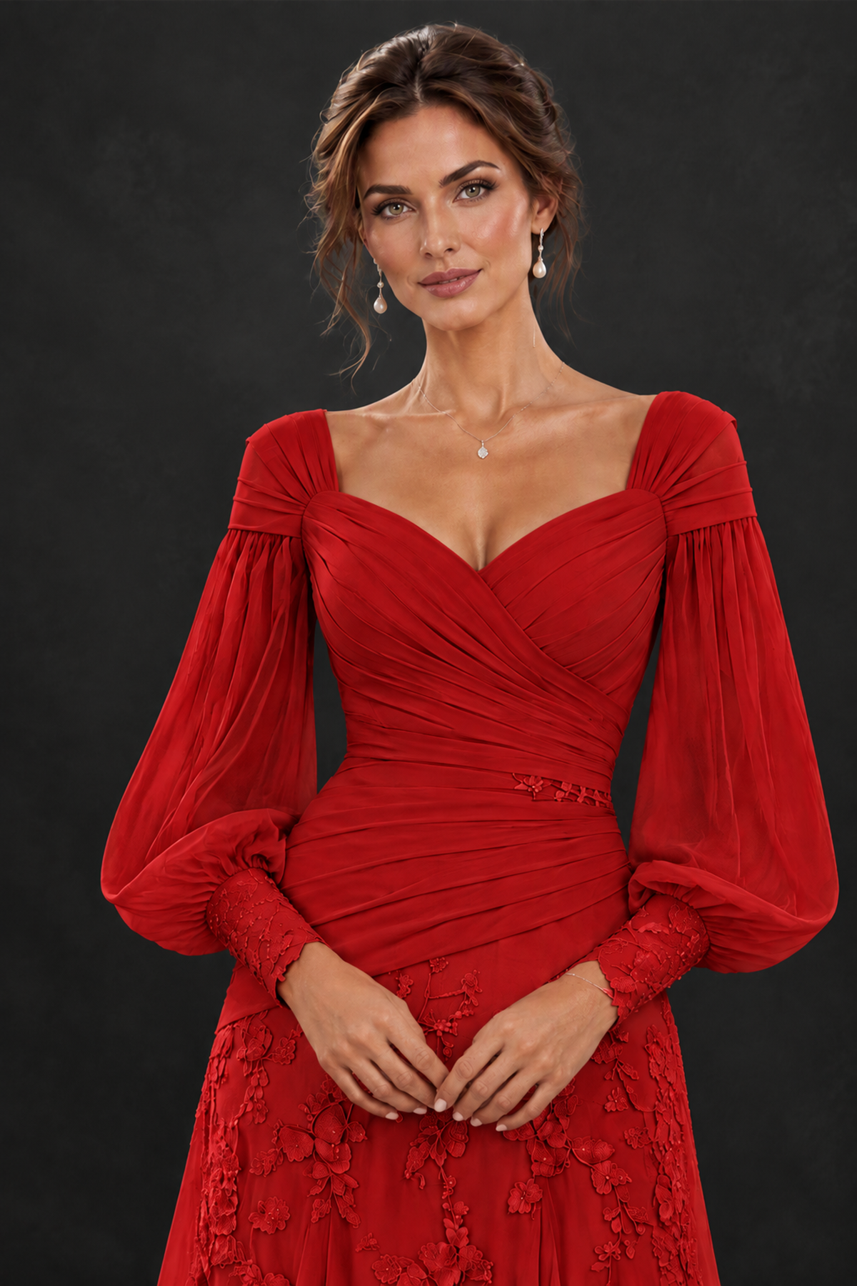BOLODOO Red Long Sleeve Mother of the Bride Dress with Floral Appliqués - Red - Red (5)