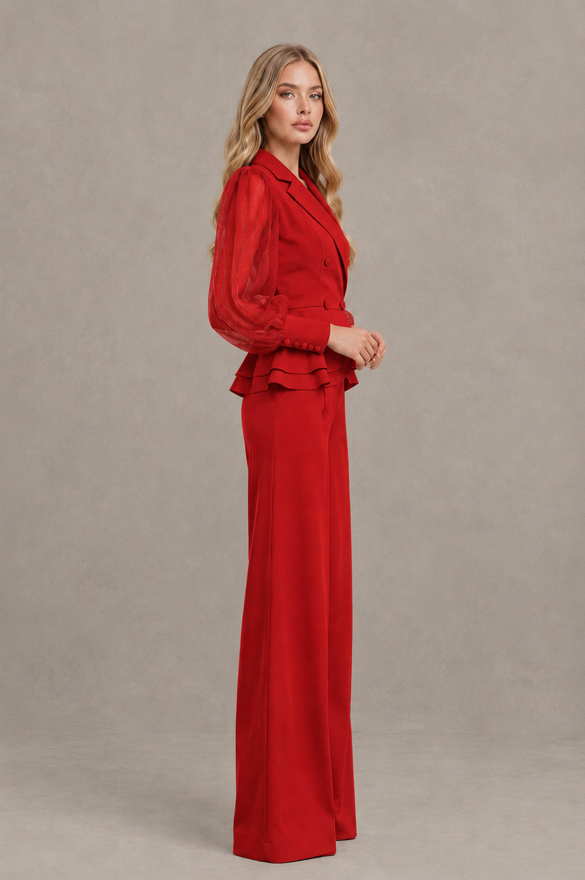 BOLODOO Mint Red Peplum Blazer Wide-Leg Pantsuit with Sheer Puff Sleeves - Red