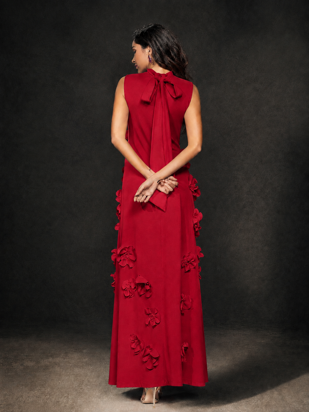 BOLODOO Red Mock Neck Sleeveless 3D Floral Appliqué Maxi Dress with Bow Back - Red