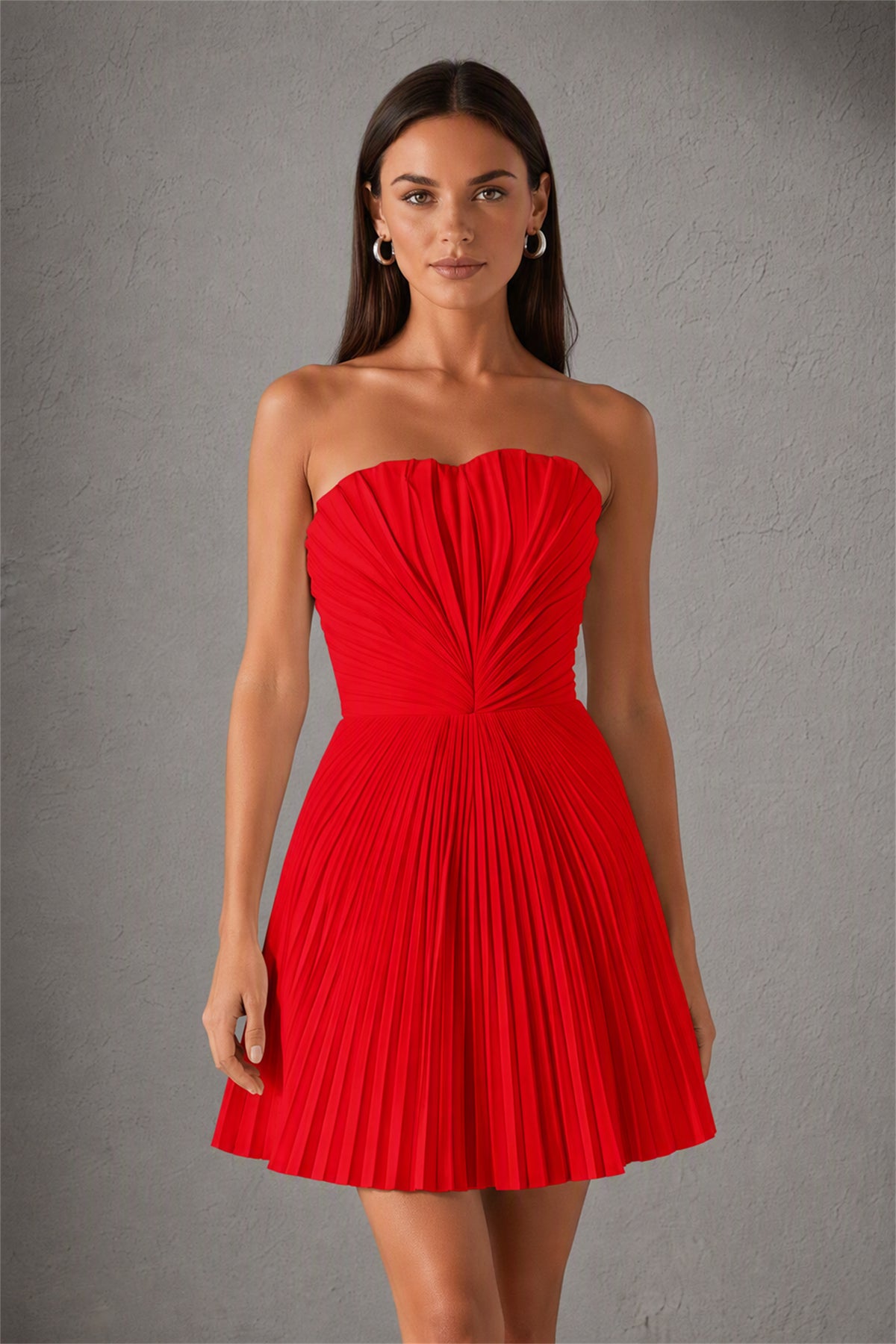 BOLODOO Red（1） Strapless Sweetheart Pleated Corset Mini Dress with Lace-Up Back - Red（1）