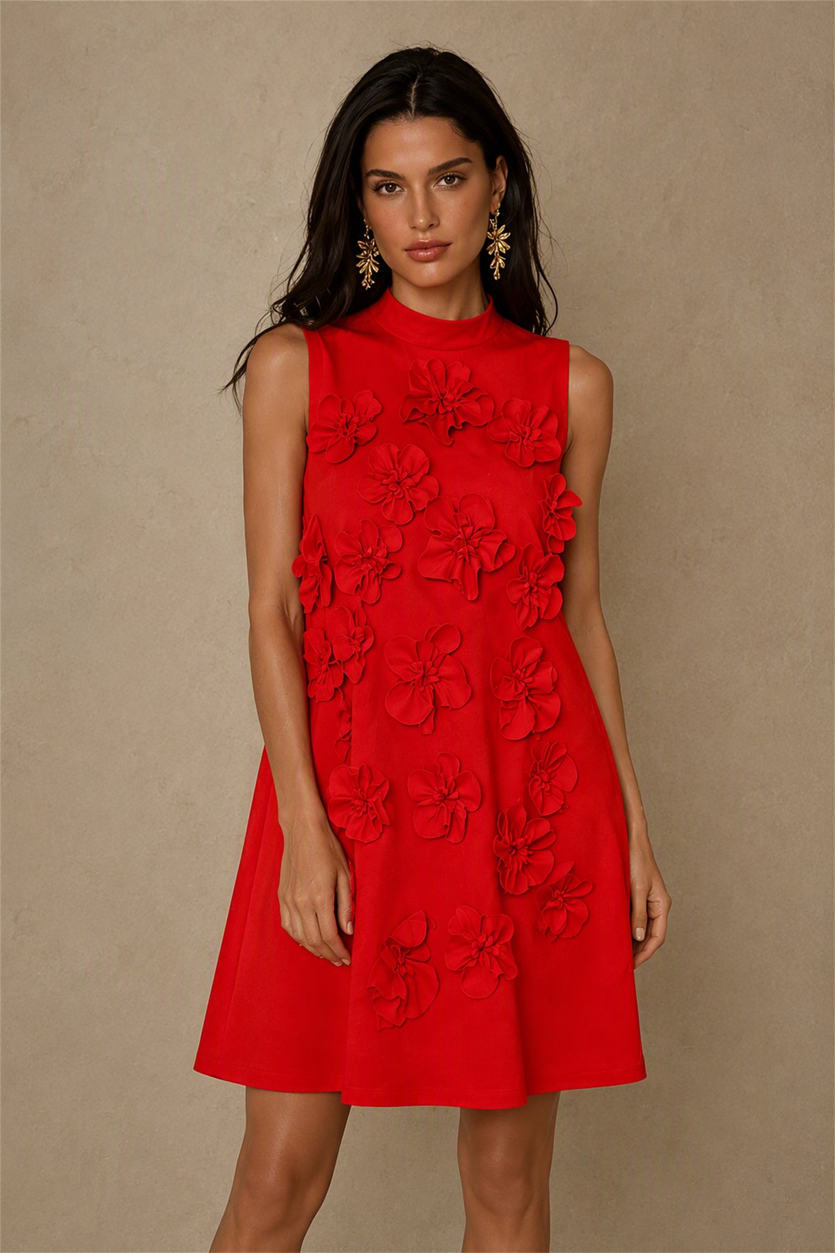 BOLODOO Red 3D Floral Mock Neck Sleeveless Mini Dress | A-Line Party Dress 