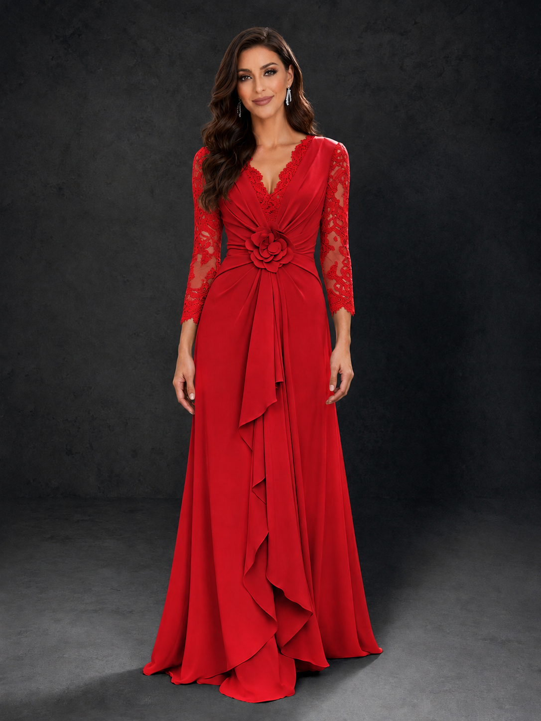 BOLODOO Red Lace Sleeve V-Neck Floral Waist Chiffon A-Line Maxi Dress 