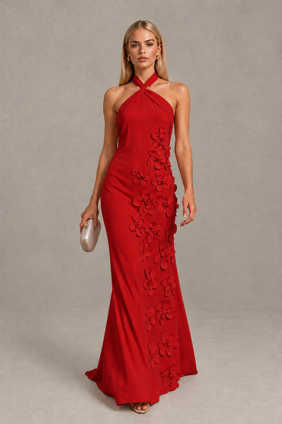 BOLODOO Red Cross Halter Neck 3D Floral Appliqué Backless Mermaid Maxi Gown 