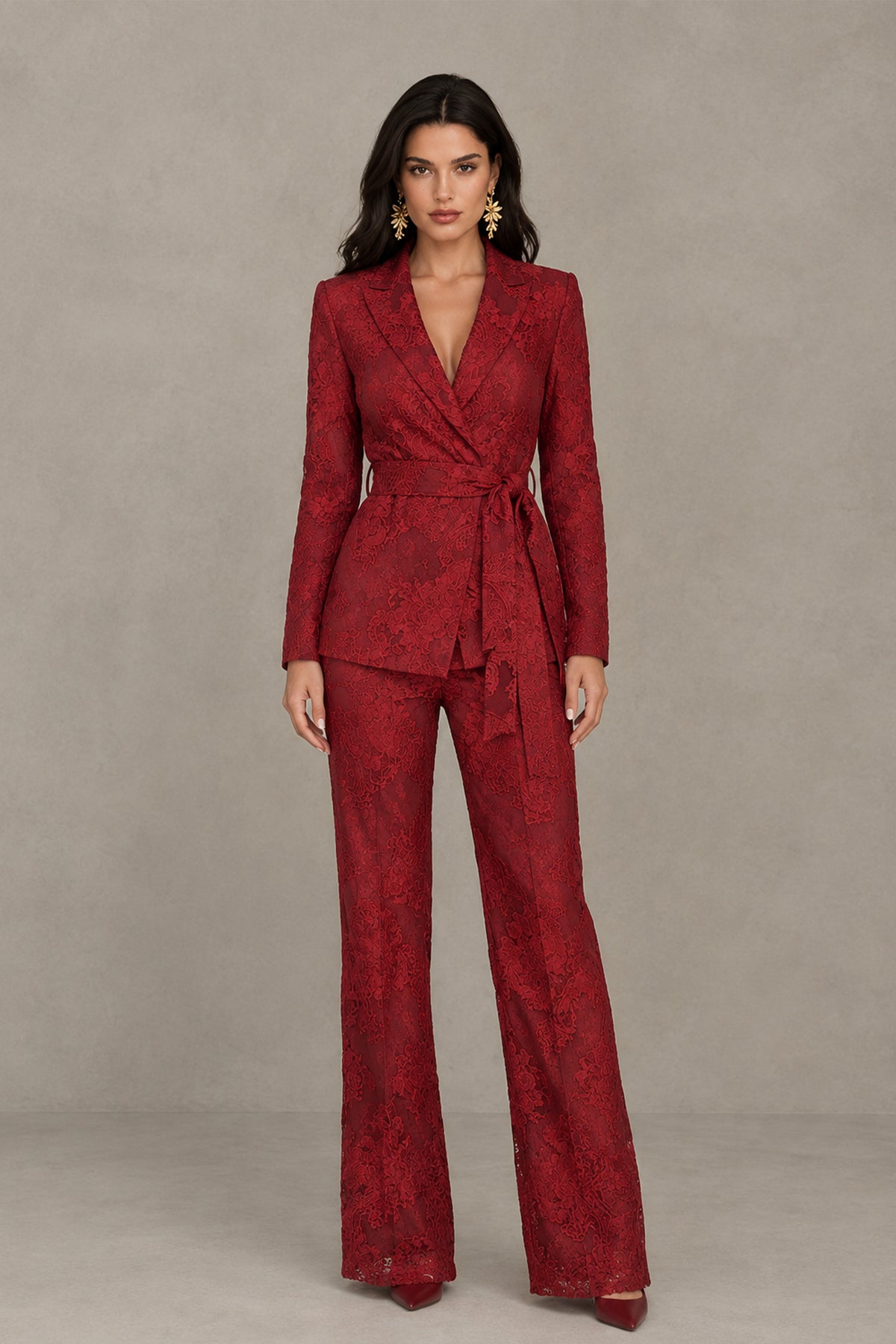 BOLODOO Burgundy Textured Jacquard Wrap Blazer Pantsuit with Wide-Leg Trousers 