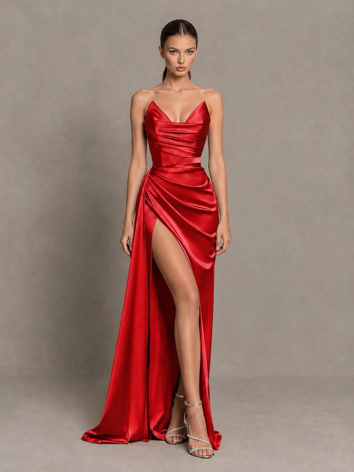 BOLODOO Red Strapless Satin High-Slit Lace-Up Prom Dress 