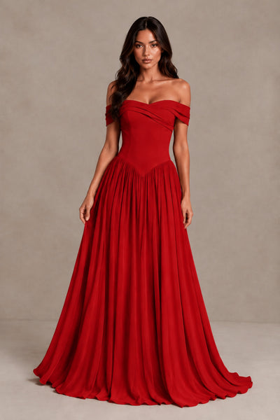 BOLODOO Red Off-Shoulder Sweetheart Corset Pleated Chiffon Maxi Dress 