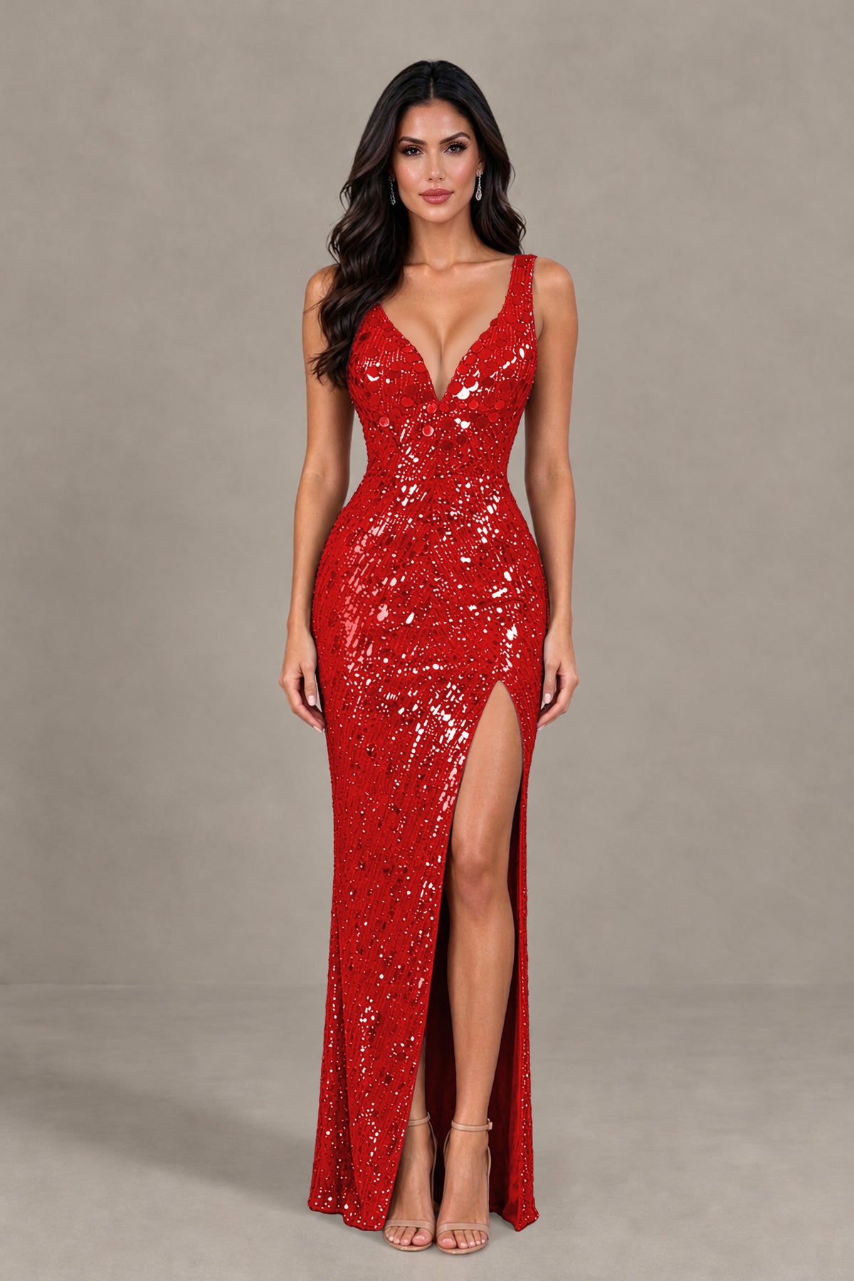BOLODOO Red Sequin Deep V-Neck Lace-Up Back High-Slit Evening Dress 