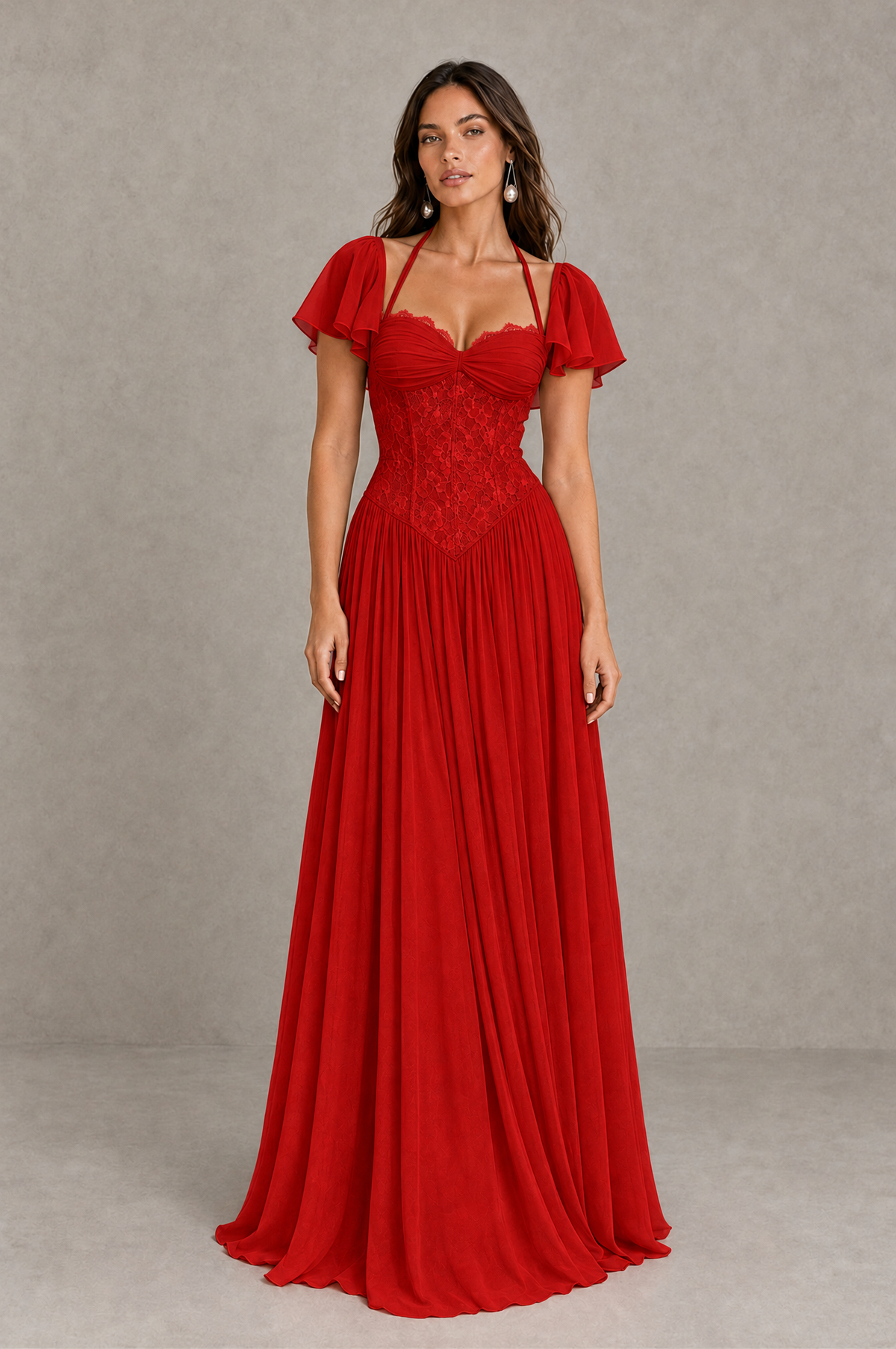 BOLODOO Red Flutter Sleeve Lace Corset A-Line Maxi Dress 