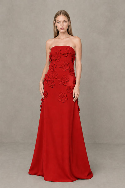 BOLODOO Red Strapless 3D Floral Appliqué Crepe Maxi Gown 