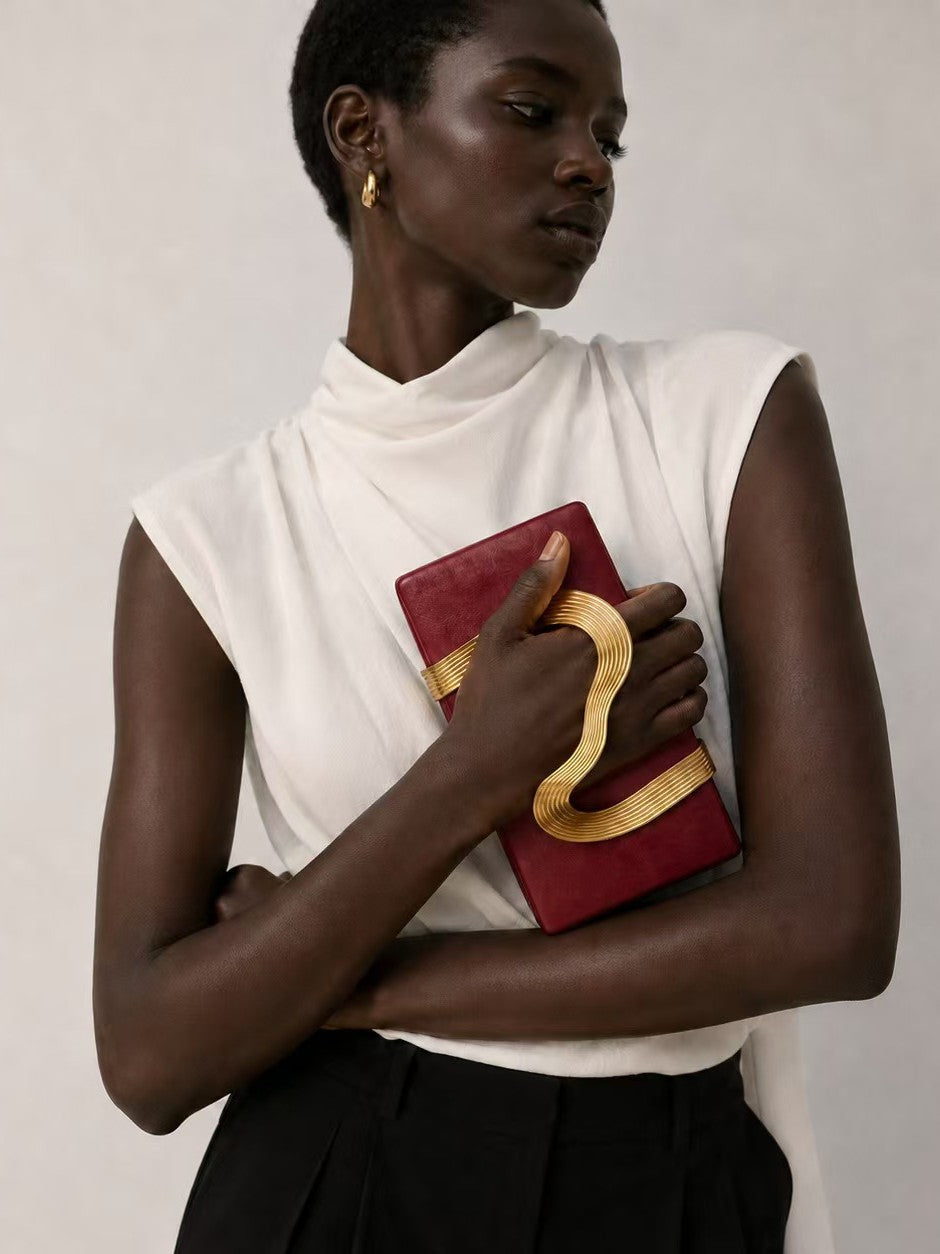 Red Evening Clutch Bag with Gold-Tone Wave Detail | BOLODOO 