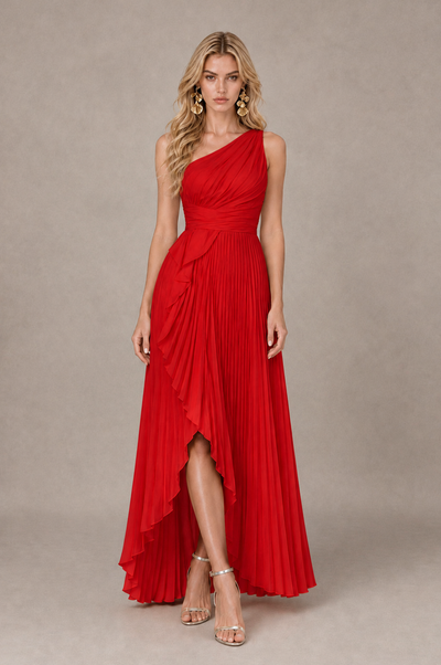 BOLODOO Red One-Shoulder High-Low Ruffle Maxi Dress 