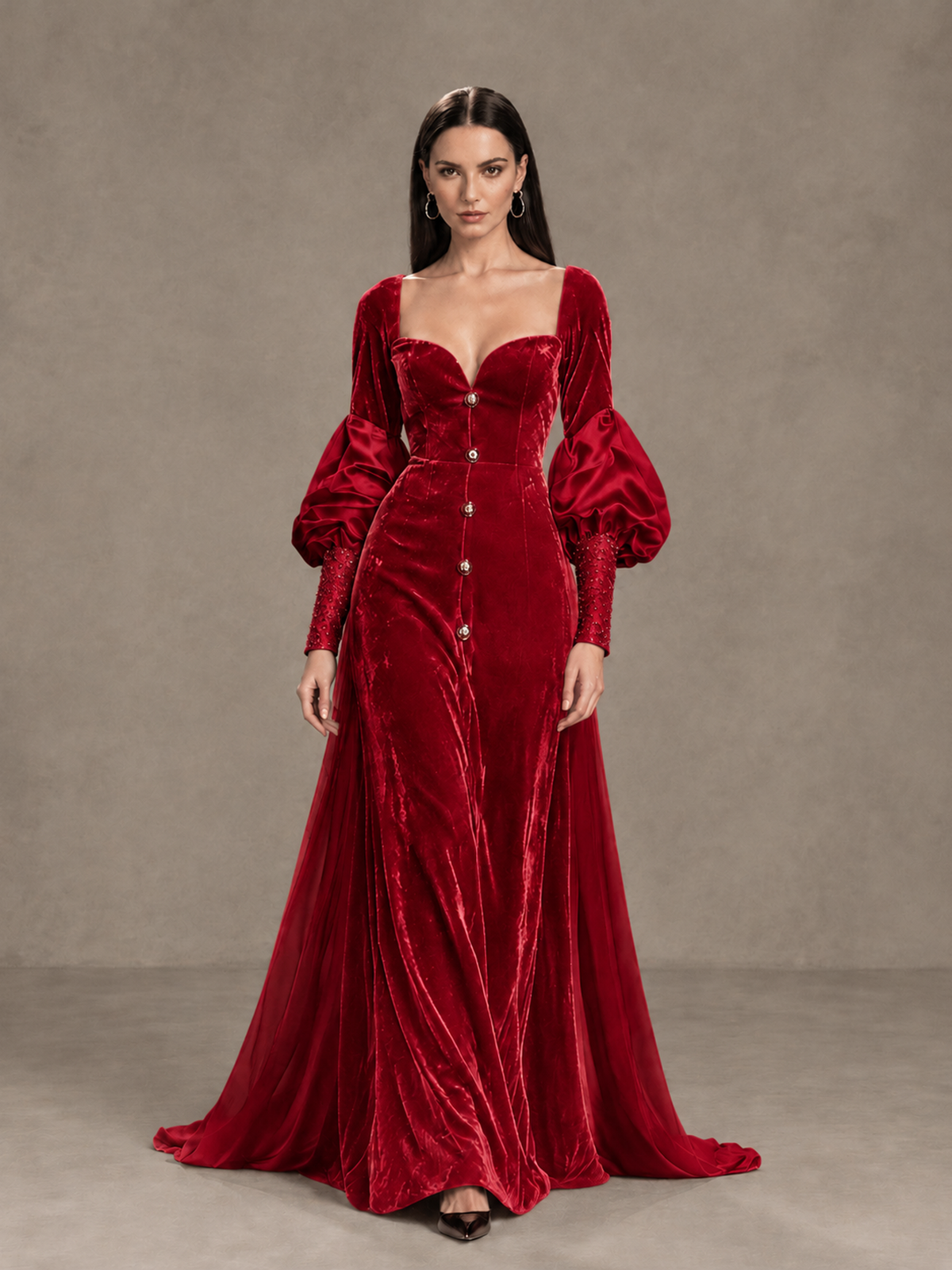 BOLODOO Red Velvet Long Sleeve Open-Back Evening Gown 