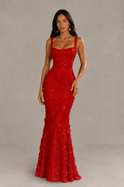 BOLODOO Red Sequin 3D Floral Mermaid Maxi Gown – Lace-Up Back Formal Dress 