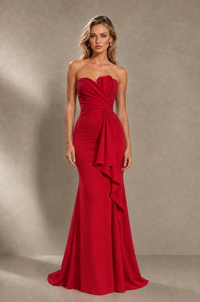 BOLODOO Red Strapless Sweetheart Ruched Mermaid Gown | Cascade Drape Formal Evening Dress 