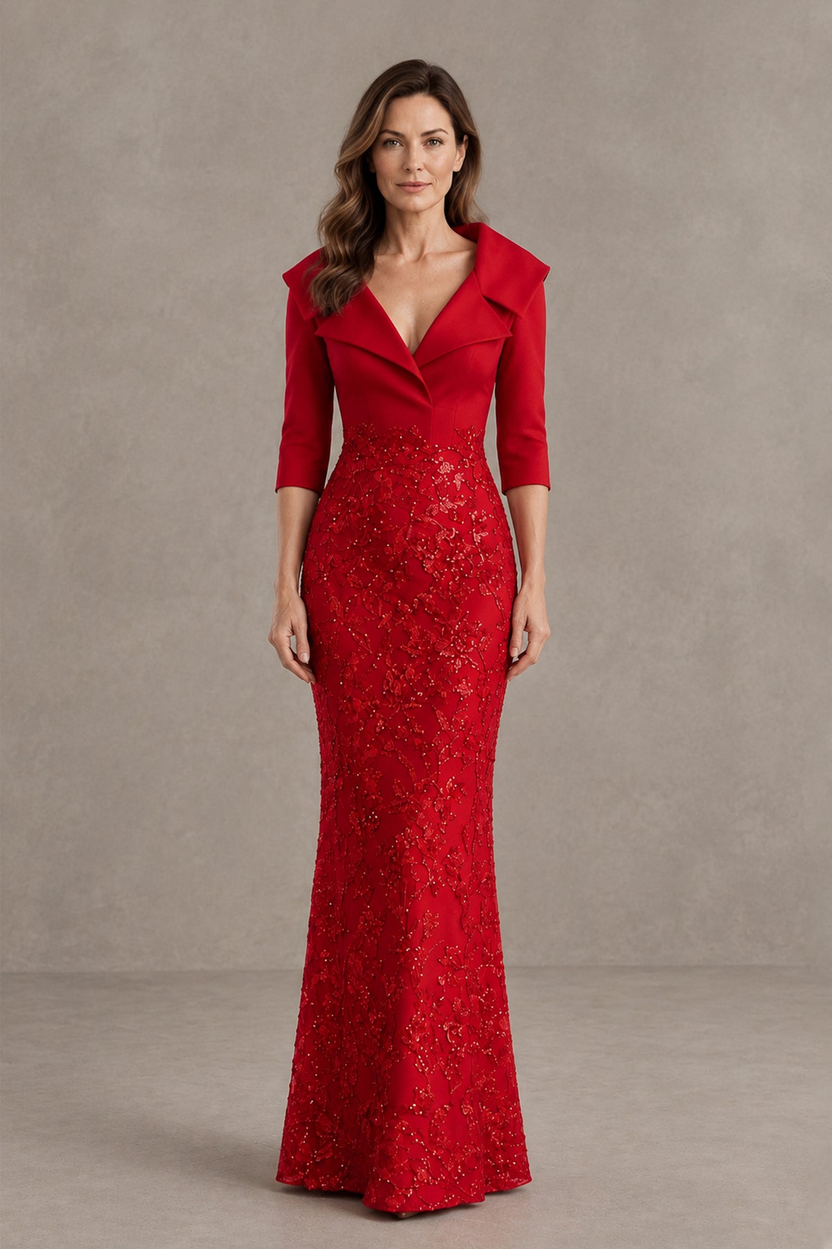 BOLODOO QQ055 red mermaid evening dress front view with lapel V-neck and three-quarter sleeves