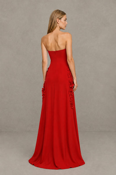 BOLODOO Red Strapless 3D Floral Appliqué Crepe Maxi Gown 