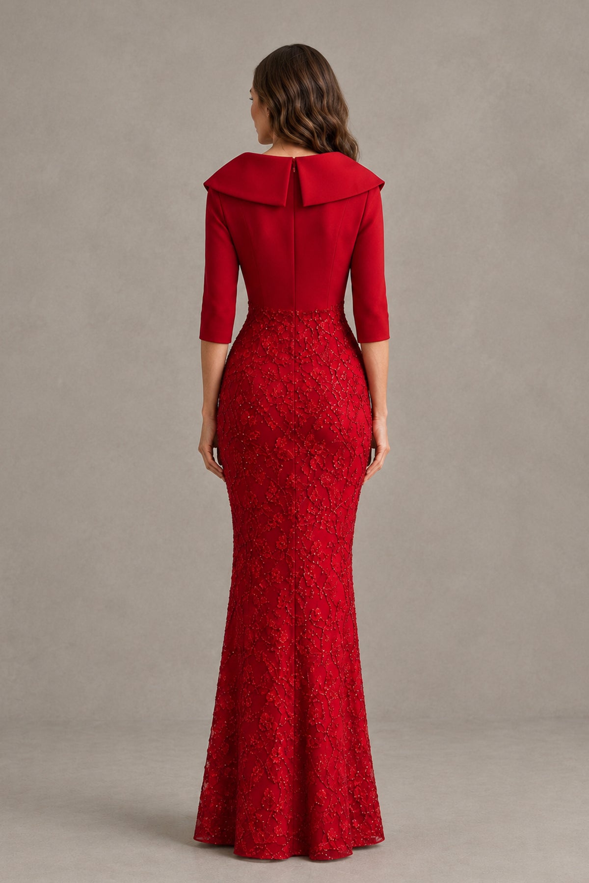 BOLODOO QQ055 red evening gown back view showing covered back and center zipper