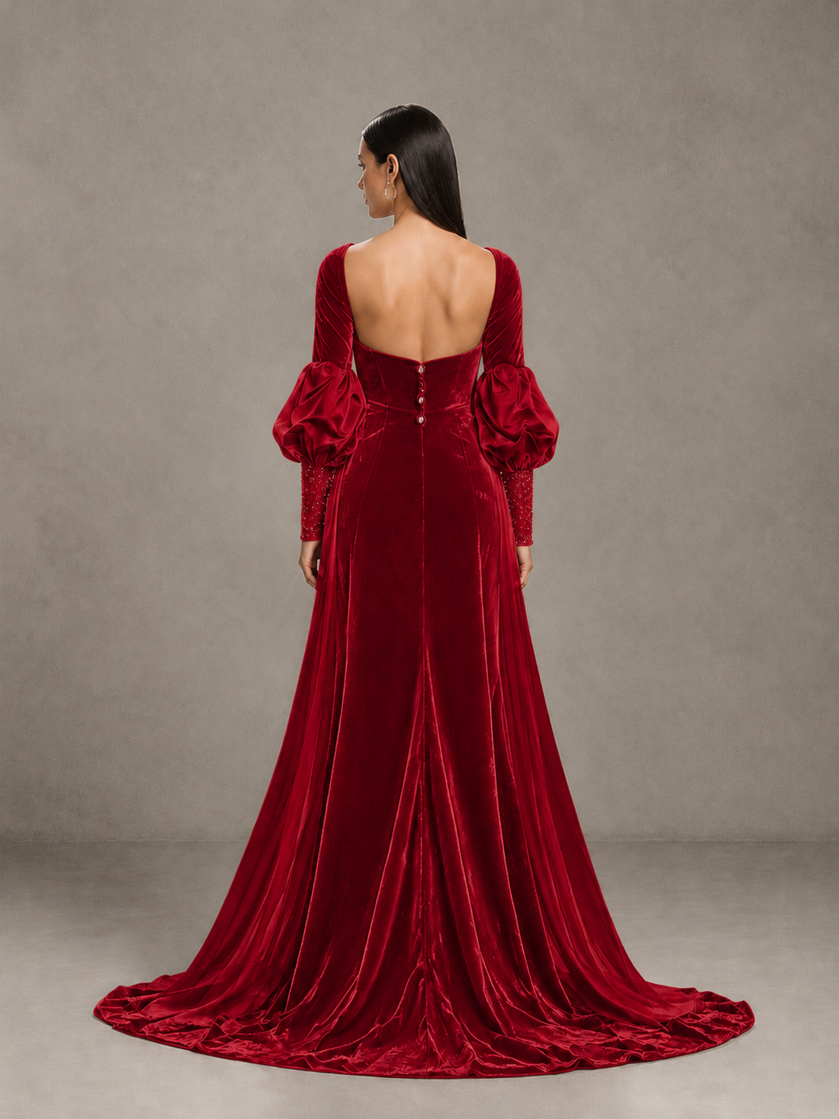 BOLODOO Red Velvet Long Sleeve Open-Back Evening Gown 