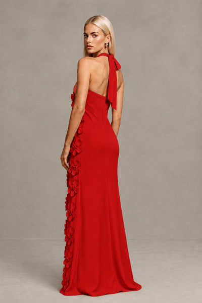 BOLODOO Red Cross Halter Neck 3D Floral Appliqué Backless Mermaid Maxi Gown 