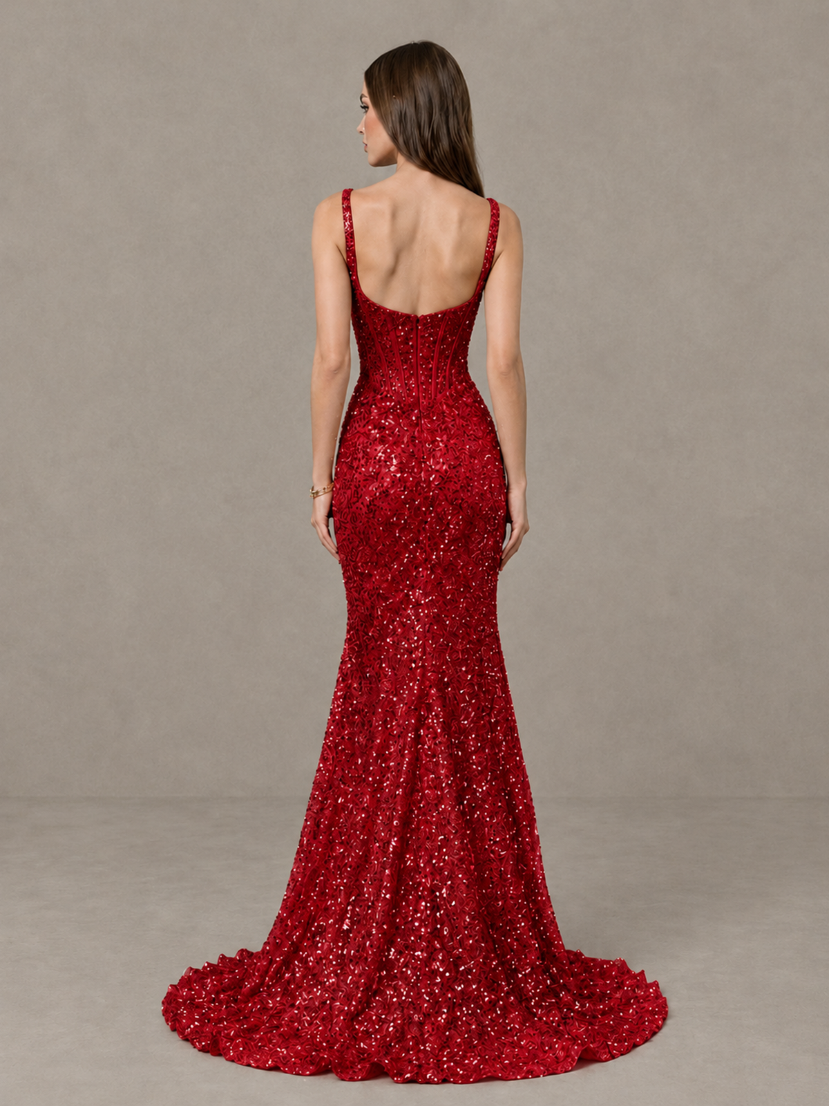 BOLODOO Red Sequin Corset Evening Gown with High Slit 