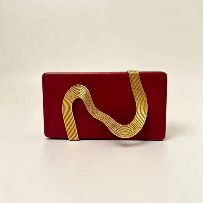 Red Evening Clutch Bag with Gold-Tone Wave Detail | BOLODOO 