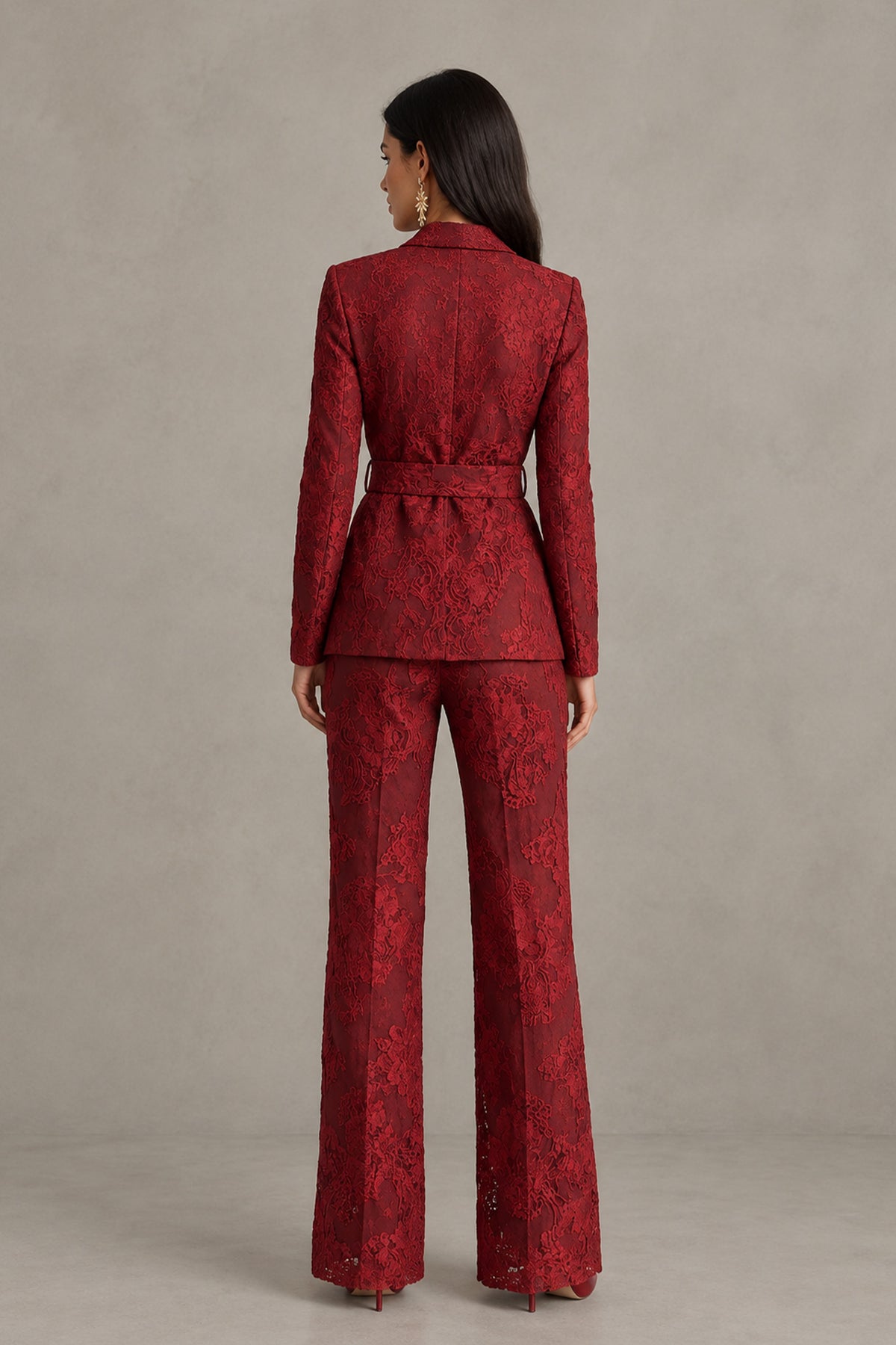 BOLODOO Burgundy Textured Jacquard Wrap Blazer Pantsuit with Wide-Leg Trousers 