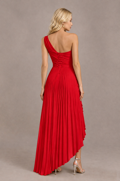 BOLODOO Red One-Shoulder High-Low Ruffle Maxi Dress 