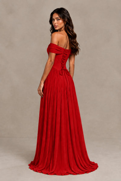 BOLODOO Red Off-Shoulder Sweetheart Corset Pleated Chiffon Maxi Dress 