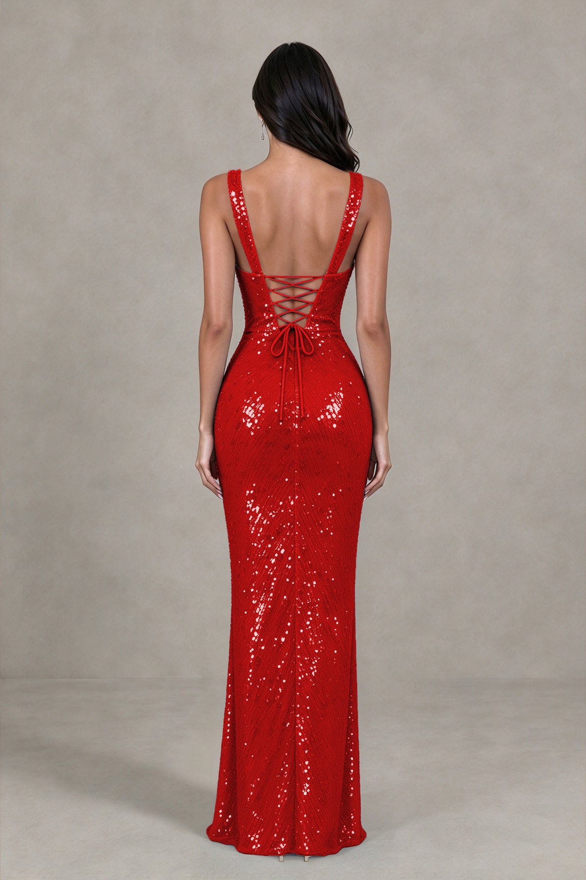 BOLODOO Red Sequin Deep V-Neck Lace-Up Back High-Slit Evening Dress 