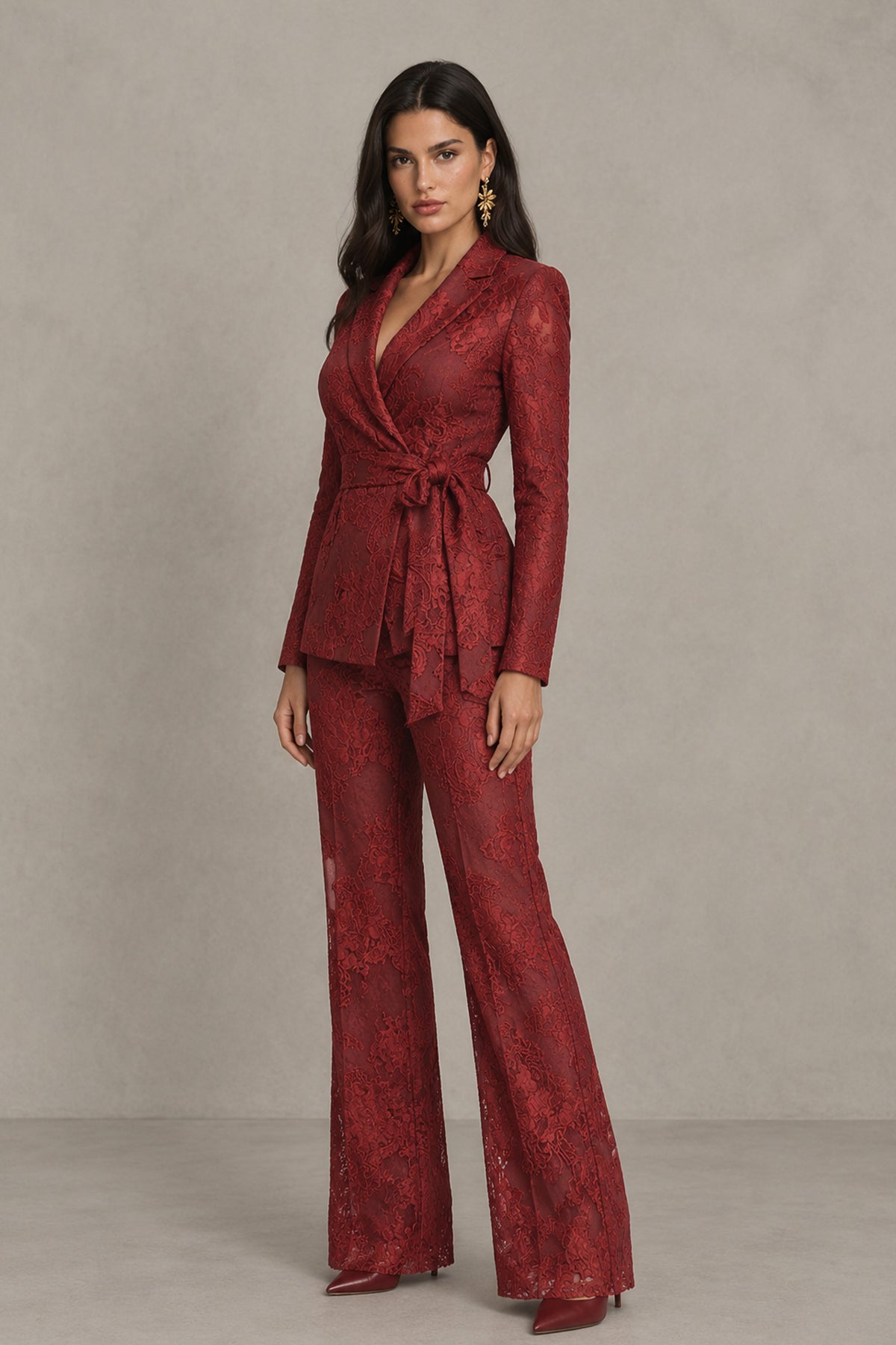 BOLODOO Burgundy Textured Jacquard Wrap Blazer Pantsuit with Wide-Leg Trousers 