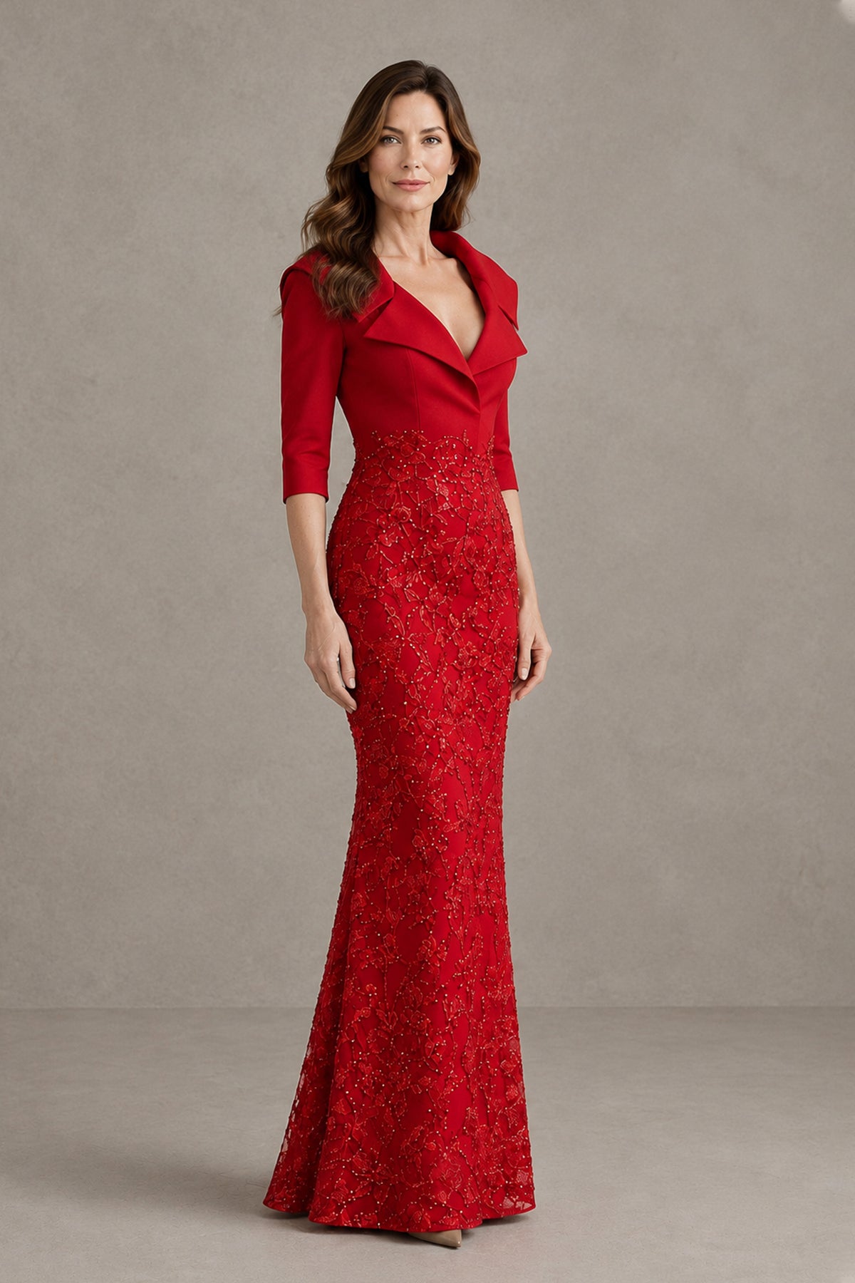 BOLODOO QQ055 red floor-length formal dress angled front view showing floral skirt detail