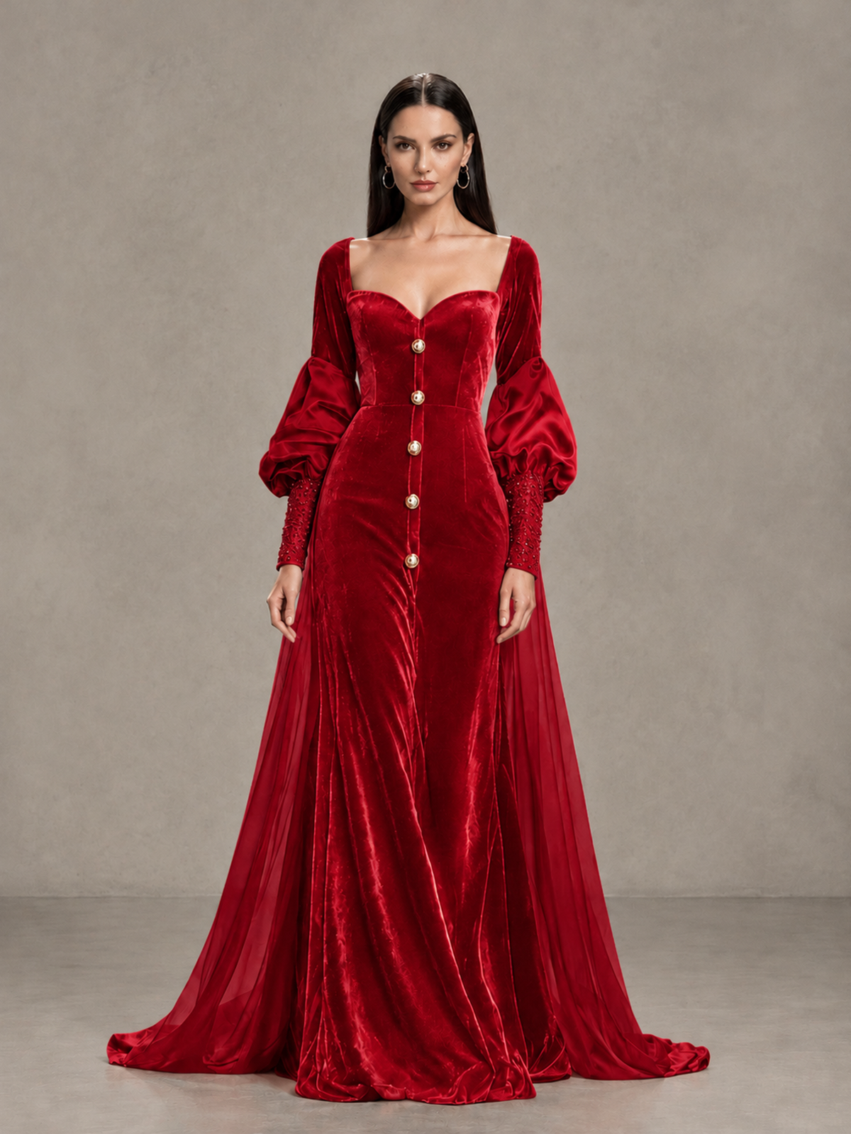 BOLODOO Red Velvet Long Sleeve Open-Back Evening Gown 
