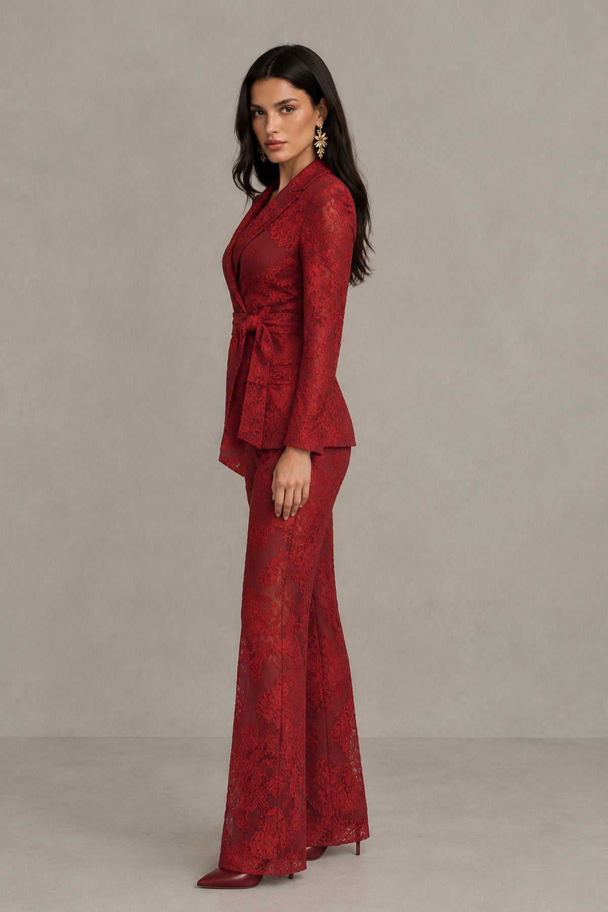 BOLODOO Burgundy Textured Jacquard Wrap Blazer Pantsuit with Wide-Leg Trousers 