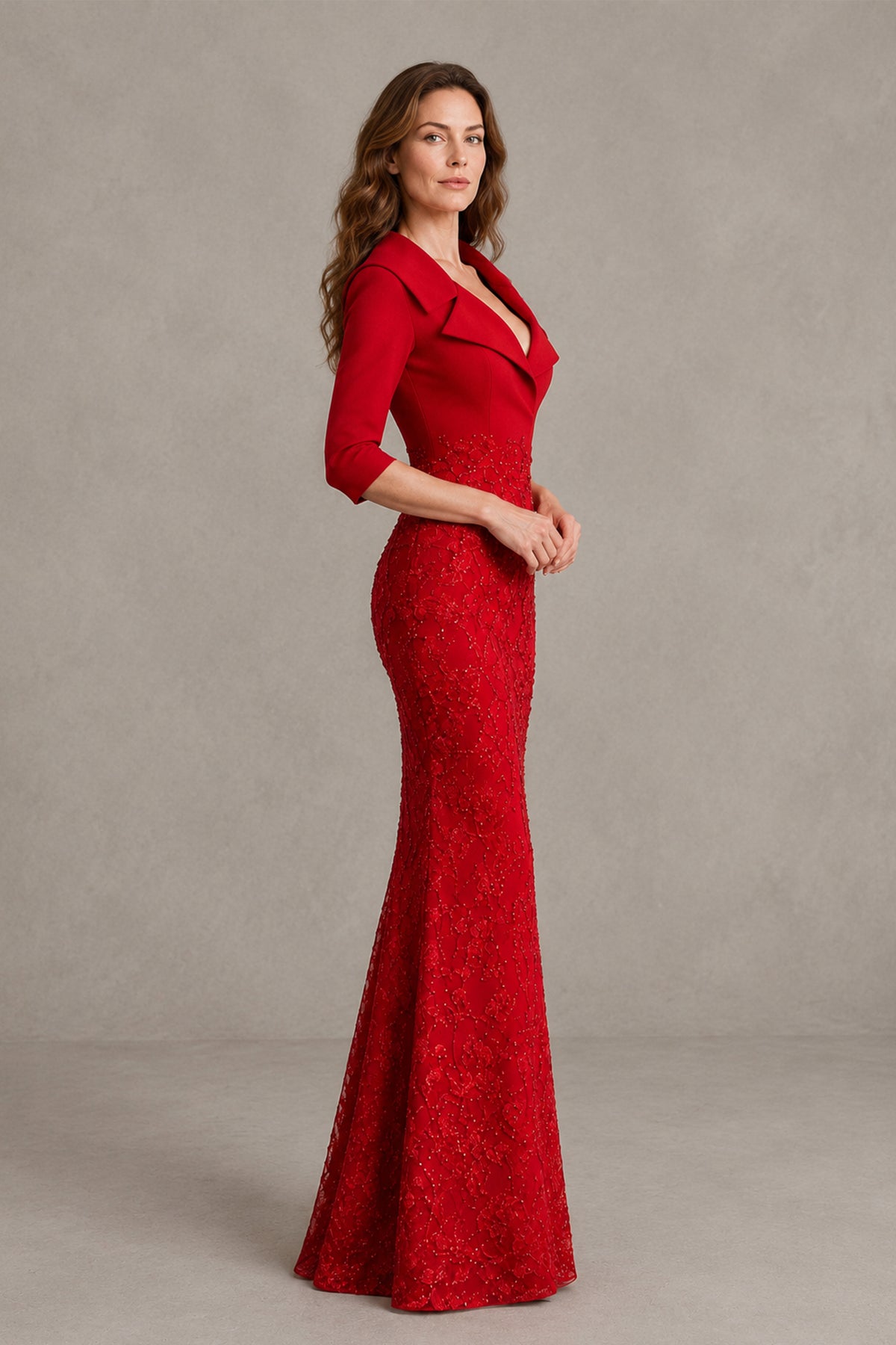 BOLODOO QQ055 red mermaid gown side view showing fitted waist and flared hem