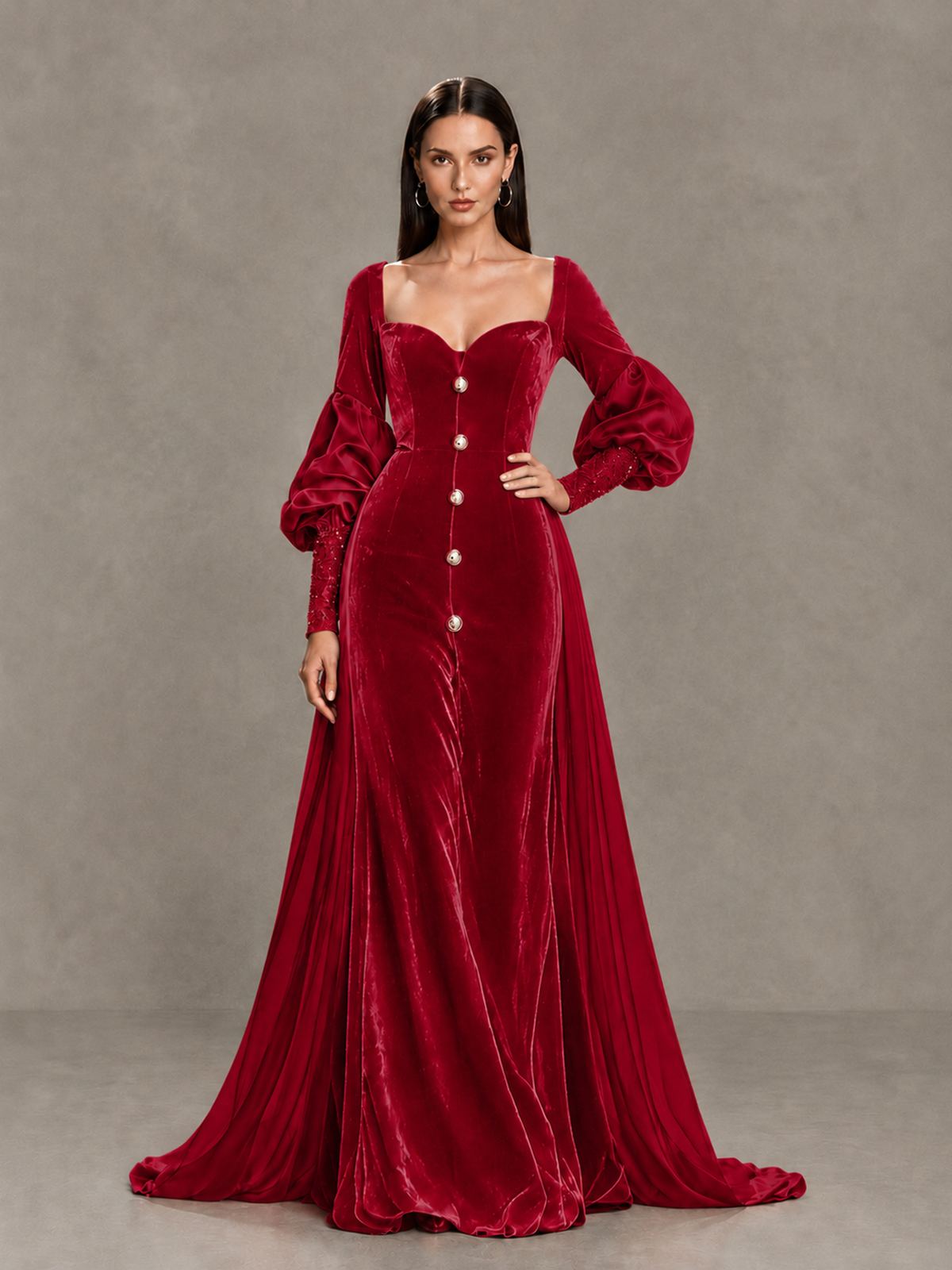 BOLODOO Red Velvet Long Sleeve Open-Back Evening Gown 