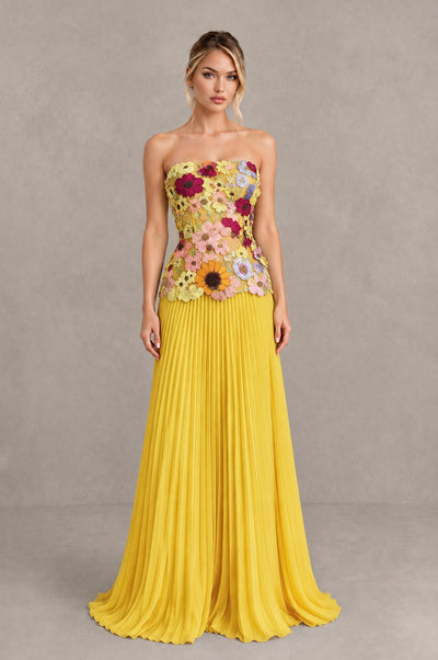 BOLODOO Red Yellow Strapless Floral Applique Pleated Evening Dress - Red Yellow - Red Yellow (1)