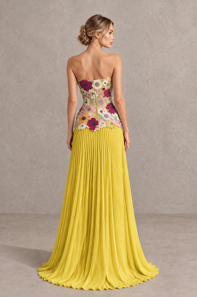 BOLODOO Red Yellow Strapless Floral Applique Pleated Evening Dress - Red Yellow - Red Yellow (2)