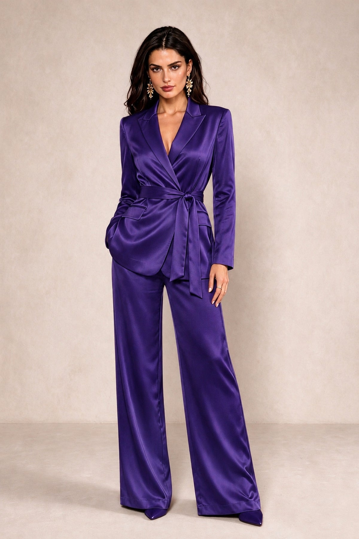 BOLODOO Regency Satin Wrap Blazer Wide-Leg Pants Two-Piece Suit Set – Evening Gala Wedding Guest - Regency - Regency_1
