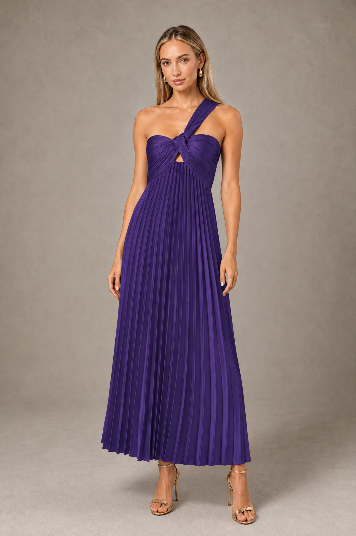 BOLODOO Regency One-Shoulder Twist Knot Pleated Satin Midi Dress with Cutout - Regency - Regency_1