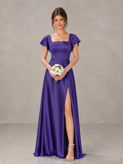BOLODOO Regency Satin Square Neck Flutter Sleeve A-Line Bridesmaid Dress with Slit - Regency - Regency_1